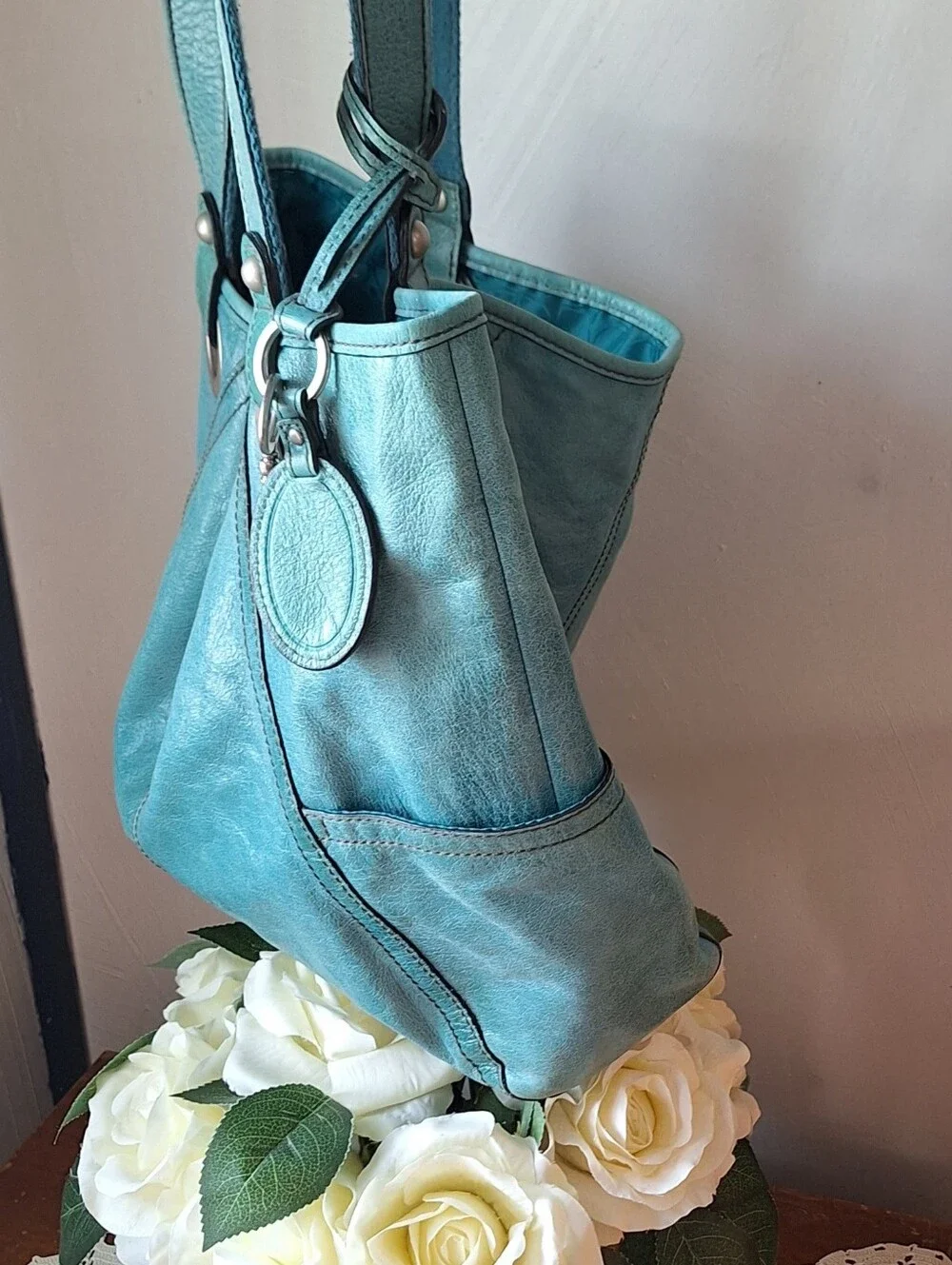 Fossil Hathaway Light Teal Leather Shoulder Tote Bag - Picture 6 of 13